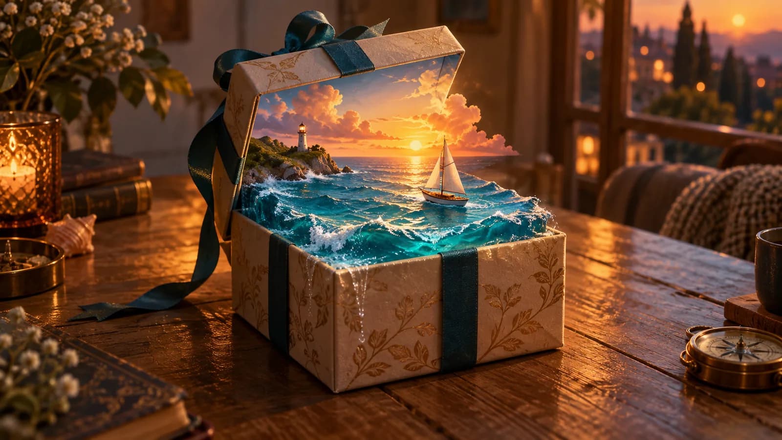 Из подарочной коробки появляется маленькое море с парусником и маяком на закате.